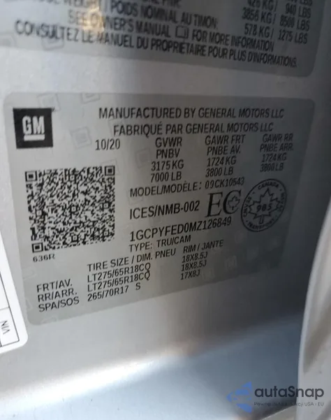 2021 Chevrolet Silverado K1500 Lt Trail Boss z USA, uszkodzony, nr VIN 1GCPYFED0MZ126849